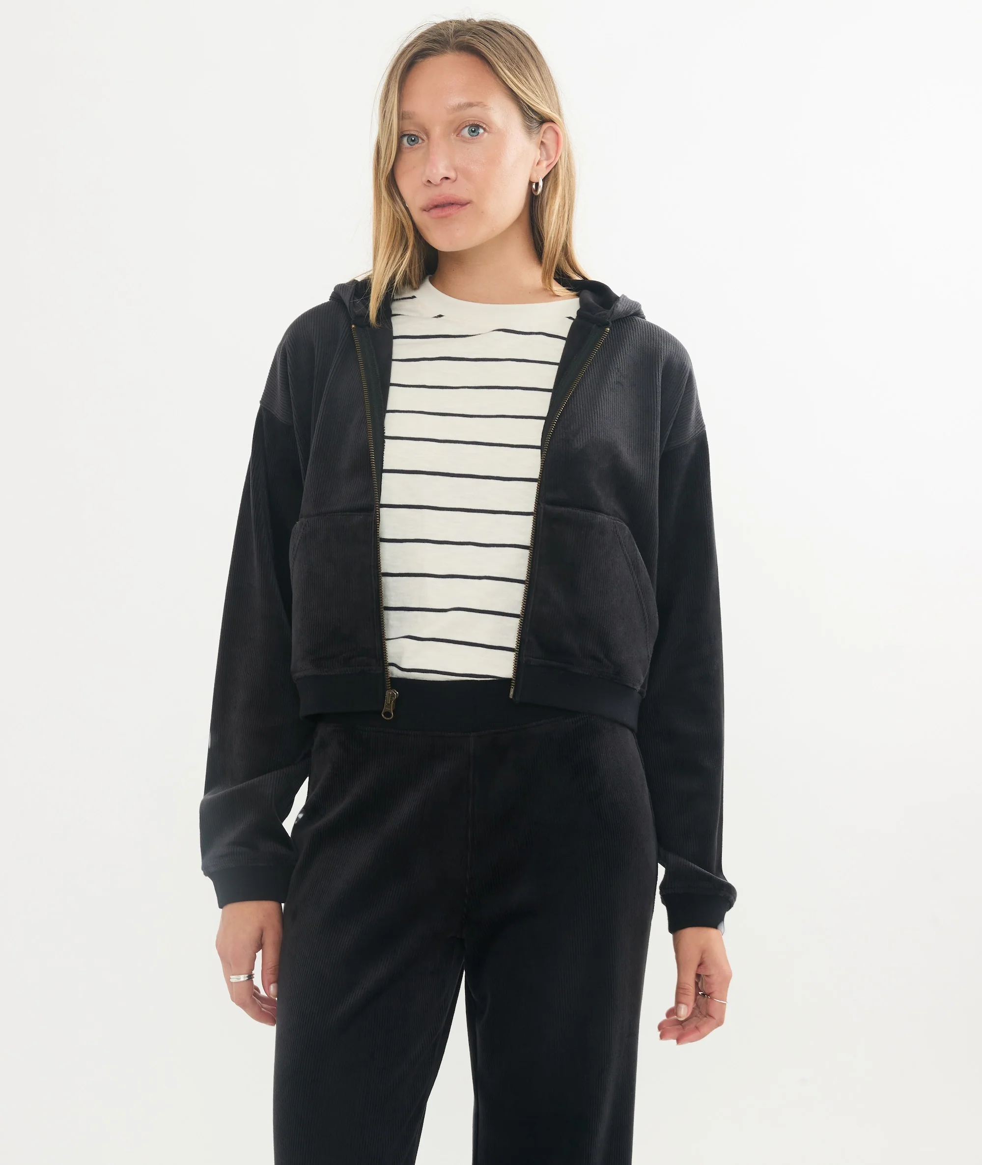 Cord Velour Cropped Zip Up Hoodie